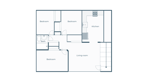 Floor plan for 3 beds, 1 bath, 775 sqft